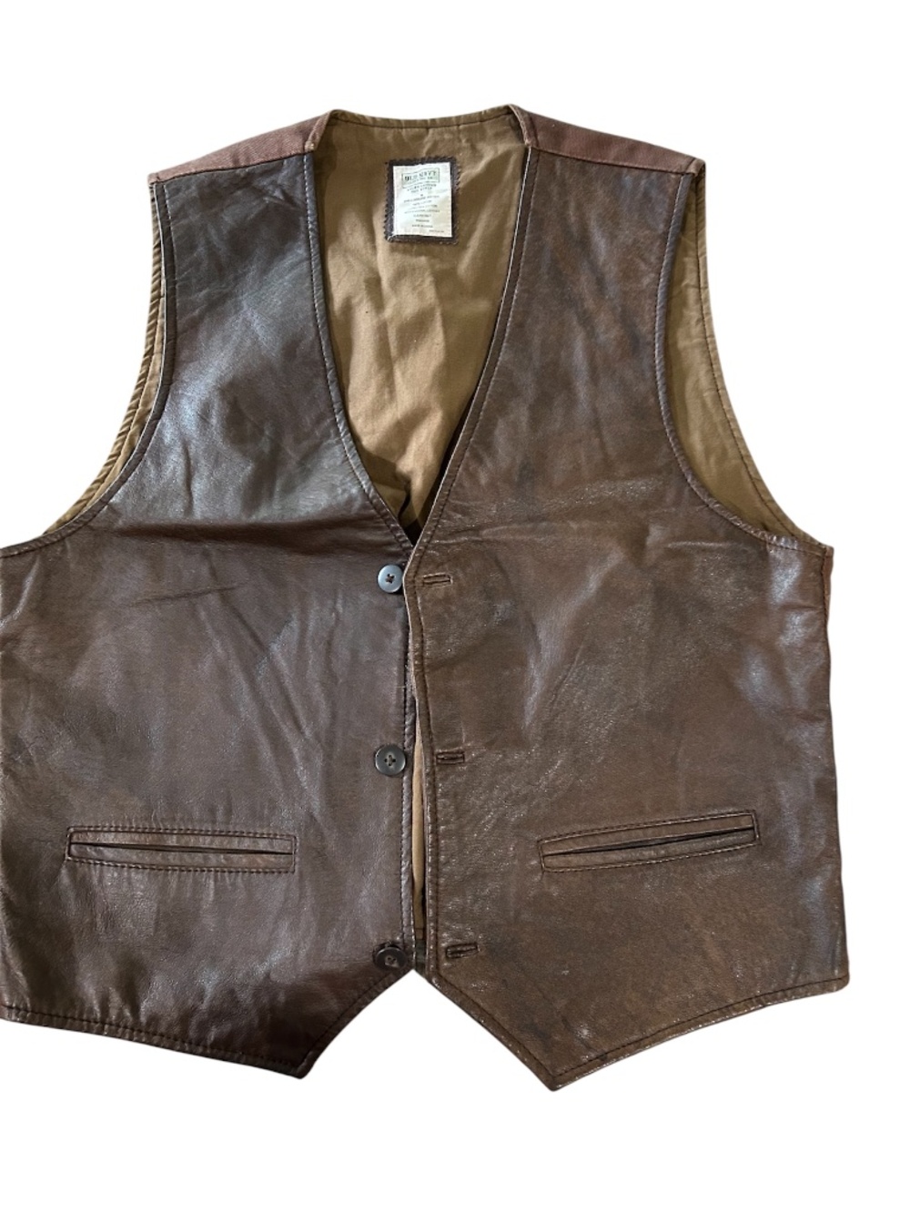 Vintage Brown Leather Button Vest Cotton Back
